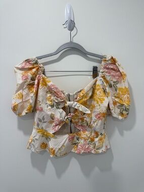Wayf Floral Tie-Front Puff Sleeve Crop Top - Cream/Yellow/Pink